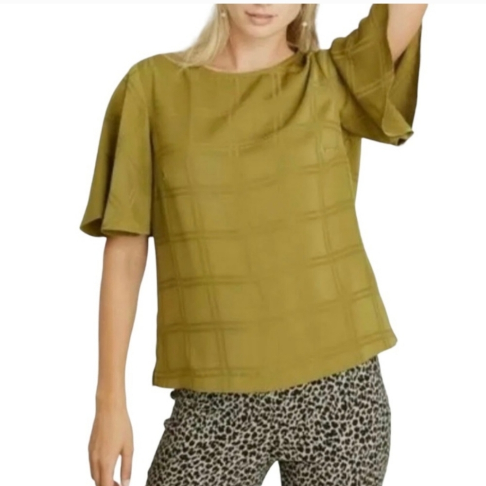 A New Day L Jacquard Short Sleeve Olive Green Blouse